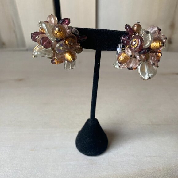 VTG 925 Italy Pierced Glass Chunky Cluster Earrings Brown Purple Rossana fairy - Picture 11 of 14